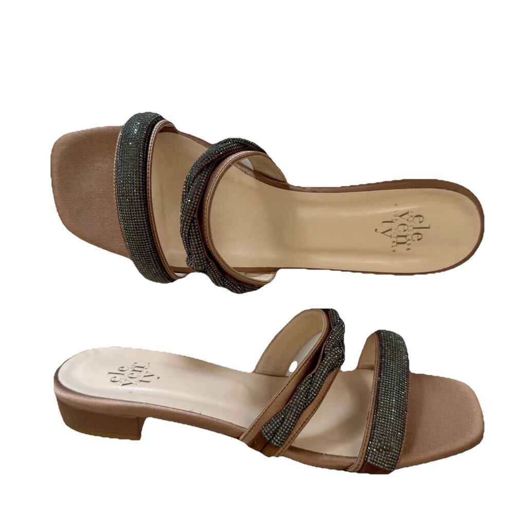 Eleventy Brown Satin w/ Gray Crystal Accent‎ Flat Sandals Women EU 40 US 8 - 8.5